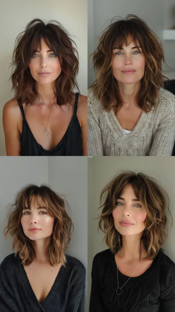 mi long dégardés avec frange pour femme